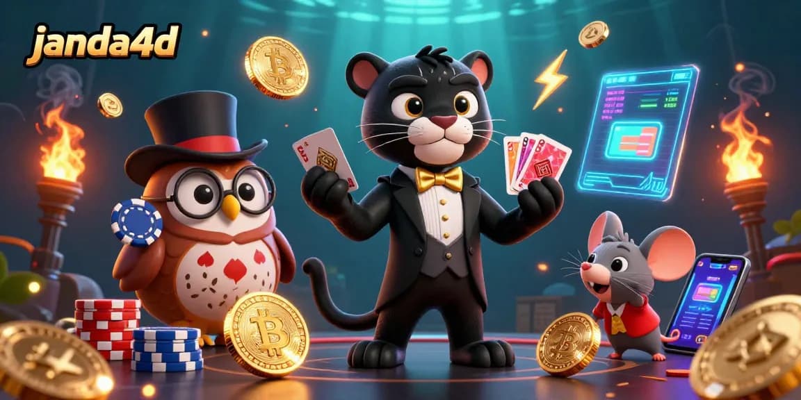 janda4d menghadirkan panther elegan yang sedang membagikan kartu sambil dikelilingi koin crypto dan elemen kasino.