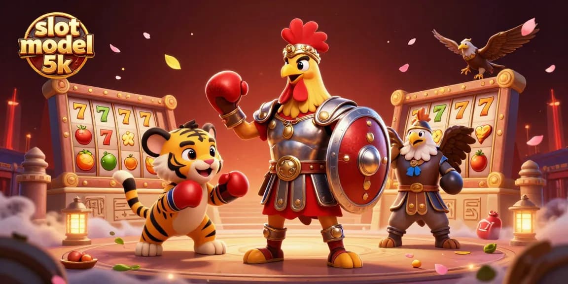 Engage with slot modal 5k in this vibrant illustration showcasing a gladiator rooster and dynamic gaming elements.