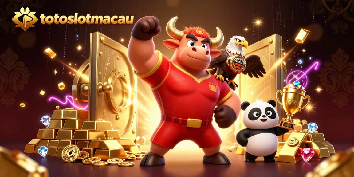 Experience thrilling wins with totoslotmacau as a muscular bull mascot and friends celebrate surrounded by treasures.