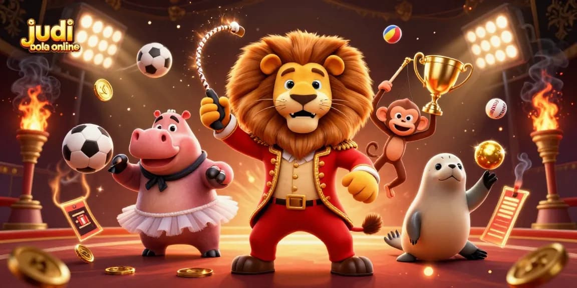 Experience thrilling judi bola online action with a colorful circus scene featuring lively characters and sports elements.