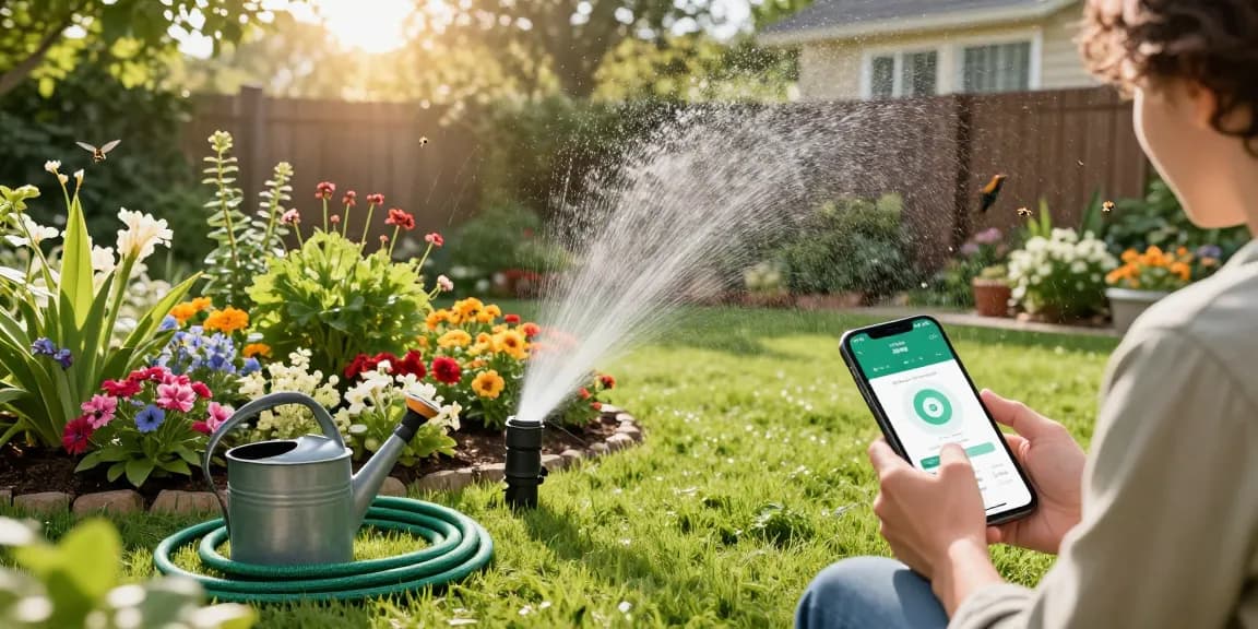 Gardener setting up the rainpoint sprinkler timer in a lush backyard during morning light