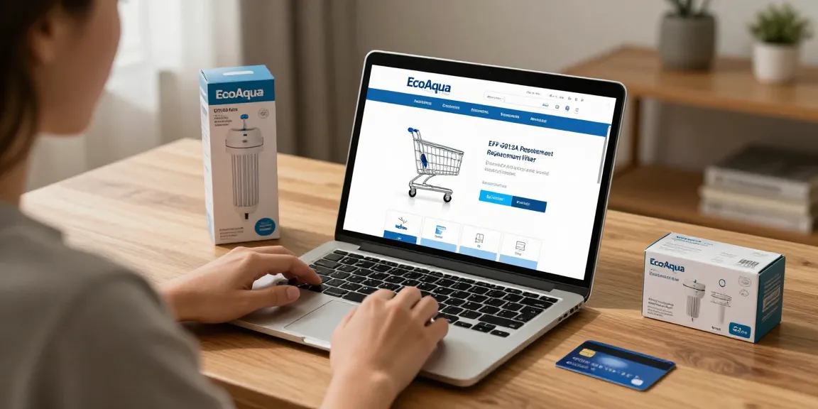 EcoAqua EFF-6013A Replacement Filter in online shopping scene, showcasing e-commerce benefits and buyer's guide.