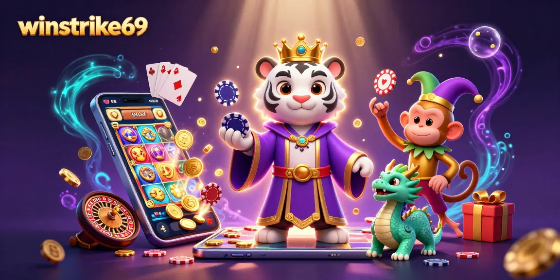 Winstrike69 features an elegant white tiger and a jester monkey in a vibrant casino scene showcasing jackpots.
