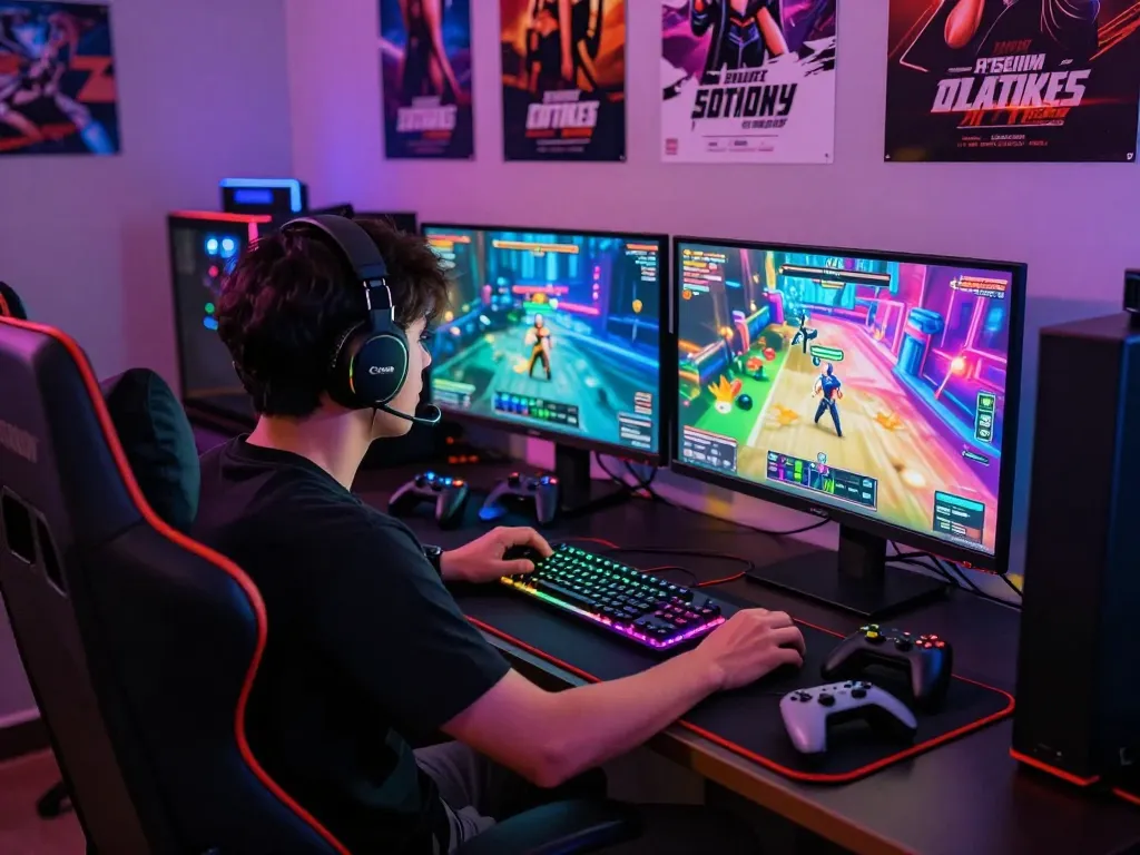 Engaged gamer enjoying thrilling sex games online in a vibrant gaming setup with colorful LED lights.
