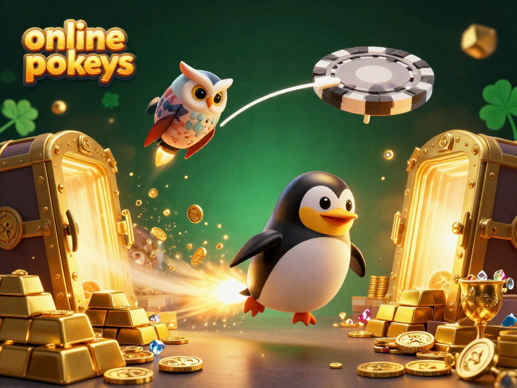 Experience thrilling online pokies with a golden cartoon penguin launching towards a jackpot space station.