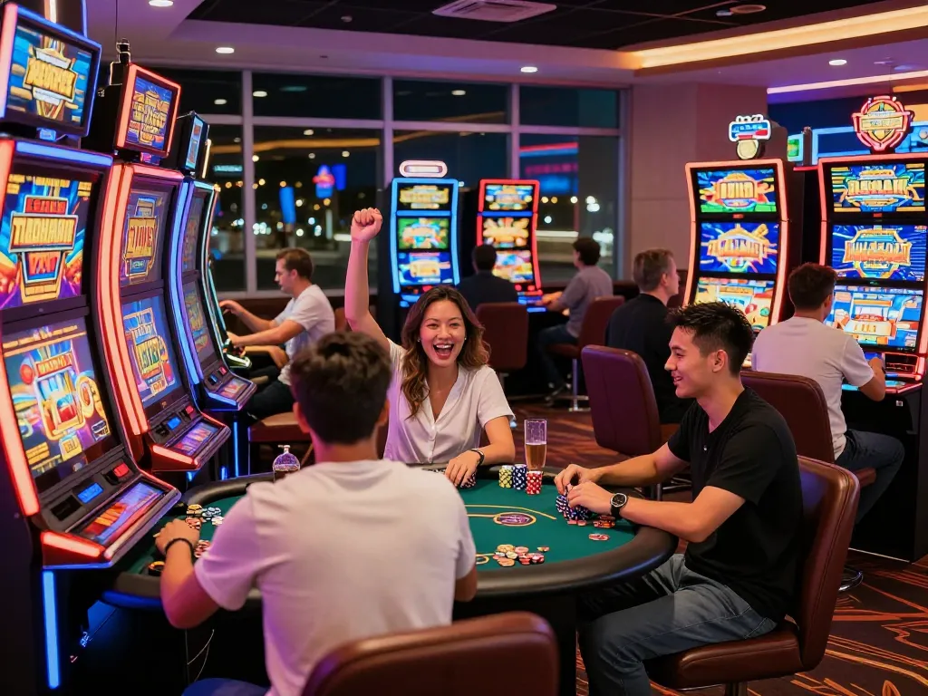 Suasana permainan yang menarik di mesin slot, menampilkan slot gacor hari ini dengan cahaya yang cerah dan pemain yang terlibat.