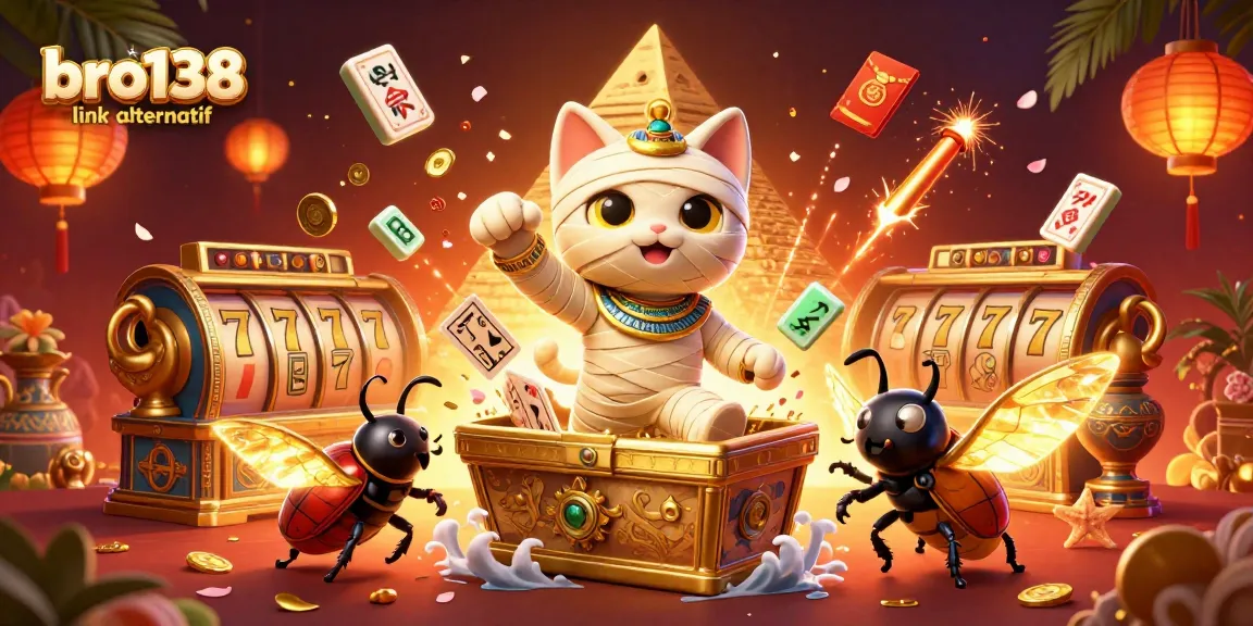 Experience the thrill of bro138 link alternatif with a vibrant casino illustration featuring a mummy cat and golden game elements.