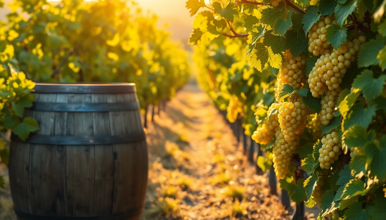 Chenin Blanc grapes flourishing in a sunlit vineyard setting, showcasing the essence of winemaking.