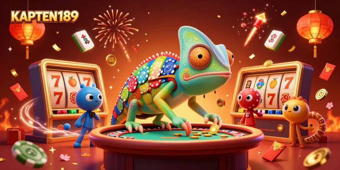 KAPTEN189 menyajikan ilustrasi kasino 3D dengan karakter chameleon berwarna chip poker yang dinamis dan slot beruntung.