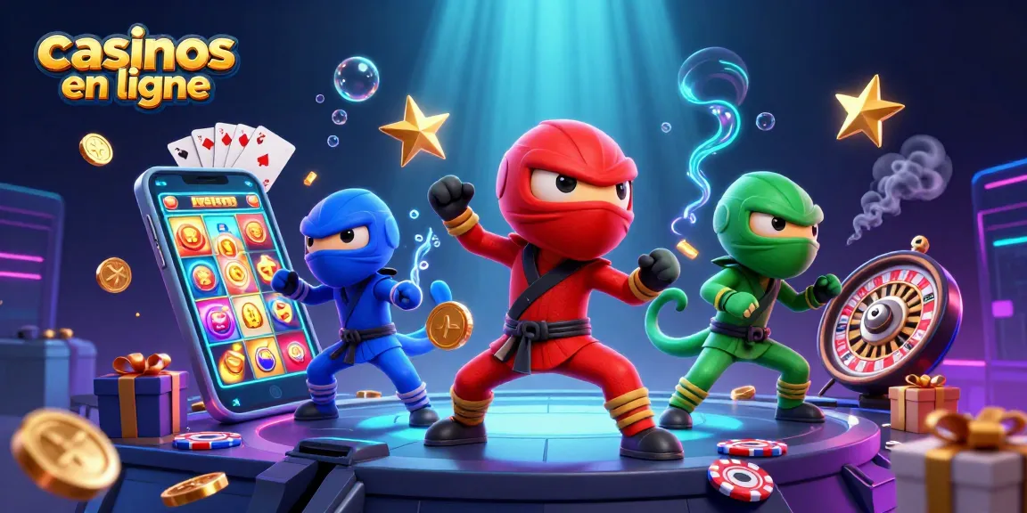 Jouez aux casinos en ligne avec une équipe de caméléons ninja en action sur fond coloré.
