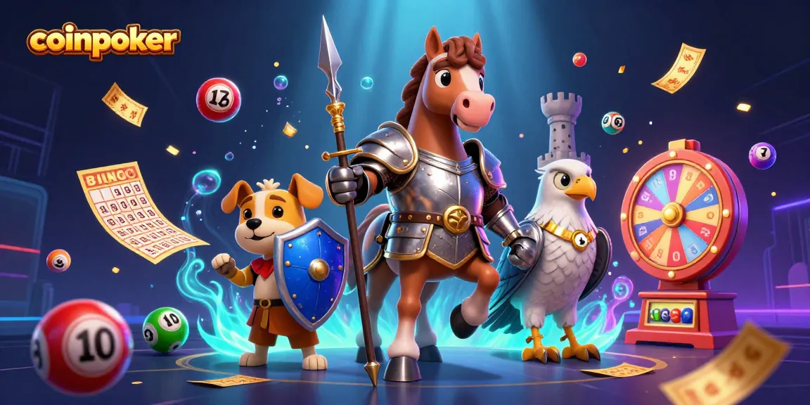 Jouez sur CoinPoker avec des personnages 3D dans un riche décor de casino et des éléments de loterie.