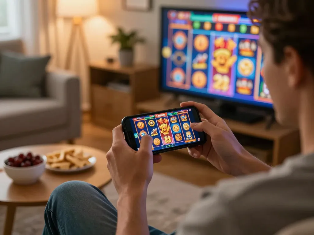 Playing exciting slot gacor hari ini on a smartphone, showcasing vibrant game graphics
