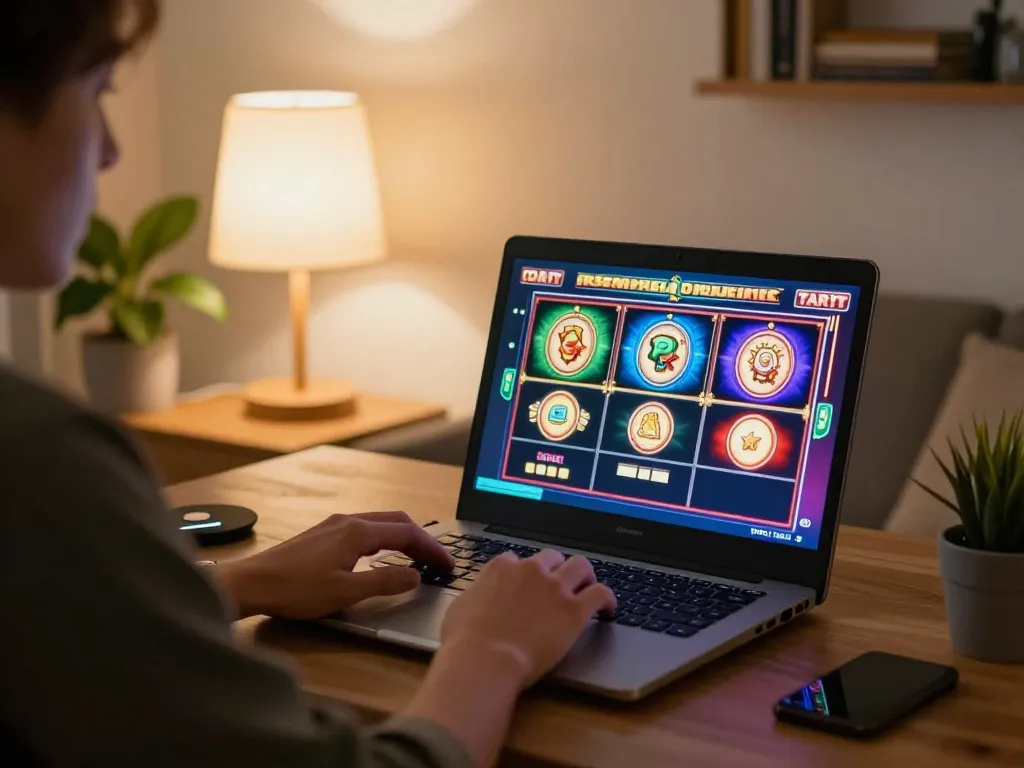 Engaging gameplay at a situs slot gacor in a cozy home setup, showcasing online slot interface.