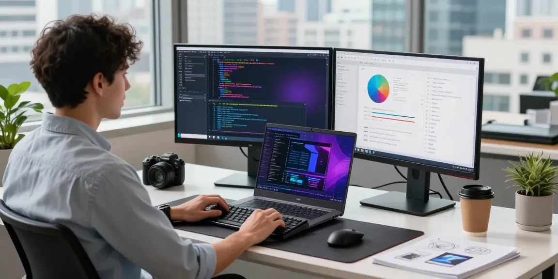 Efficient screenshot tool download setup in a tech workspace with dual monitors and coding.