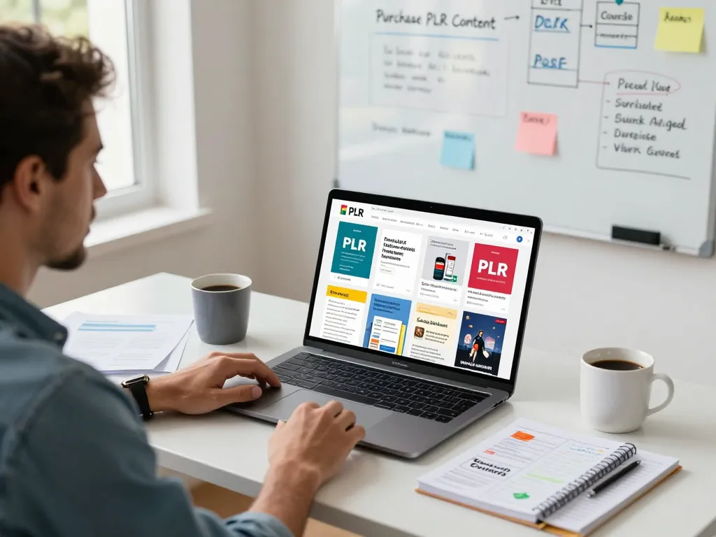 Reviewing PLR content to purchase in a modern workspace setting with marketing materials.