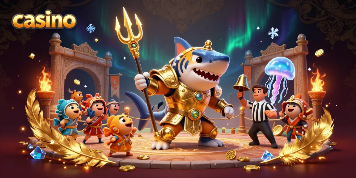 The casino scene features a fierce tiger shark in gladiator armor and colorful underwater elements.