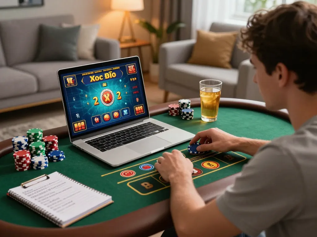 Engaging in Xóc Đĩa online gaming on a laptop in a cozy home setup.