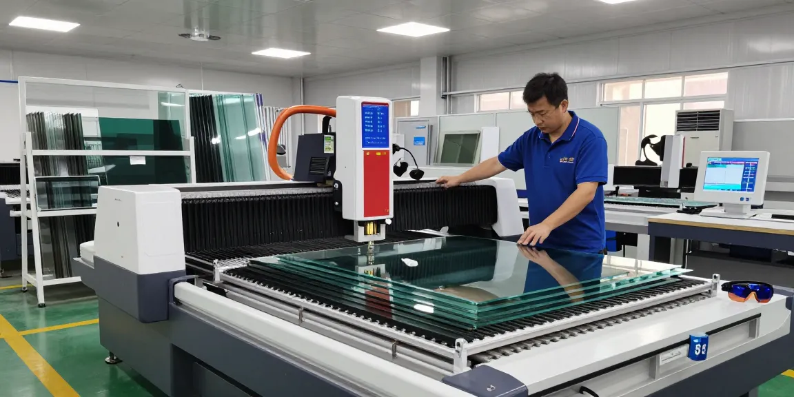 Operator using cutting machine glass in a well-lit industrial workshop with organized glass sheets and tools.