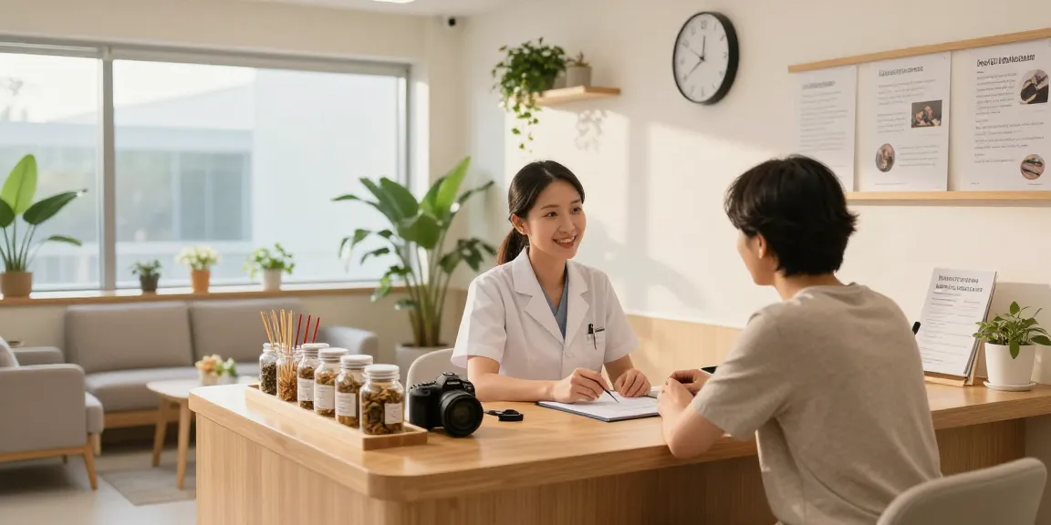 Welcoming reception area of 수원교통사고한의원 with a practitioner discussing treatment options.
