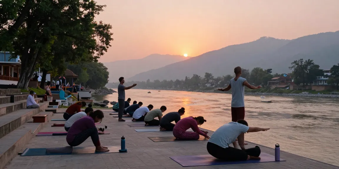 Yoga teacher training course in India at sunset in Rishikesh, practitioners in asanas by the Ganges.