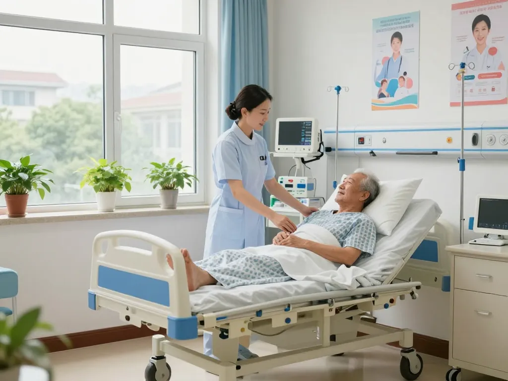 Multi-functional patient bed (giường bệnh nhân) in a serene hospital room with a caring nurse adjusting it for an elderly patient.