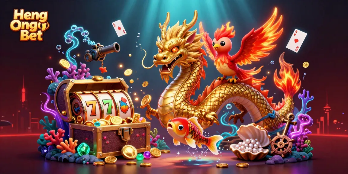 Experience the thrill of Heng Ong Bet with a golden dragon, phoenix, and koi fish amidst vibrant slots and treasures.