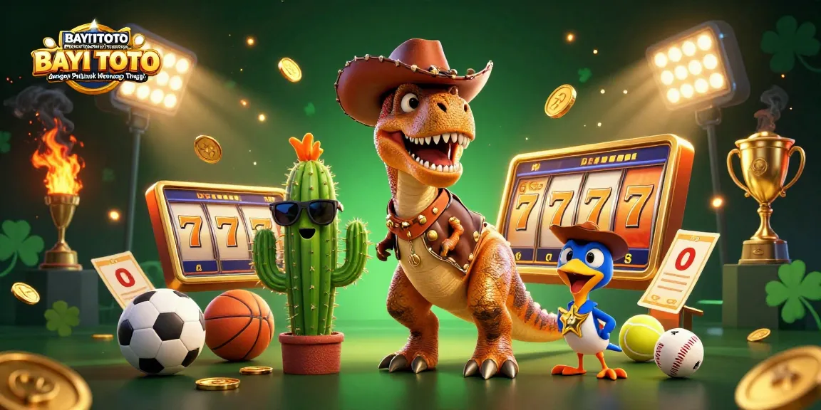 BAYITOTO Platform Togel Online Terpercaya BAYI TOTO dengan Peluang Menang Tinggi features a lively 3D dinosaur cowboy and friends in an exciting gambling scene.