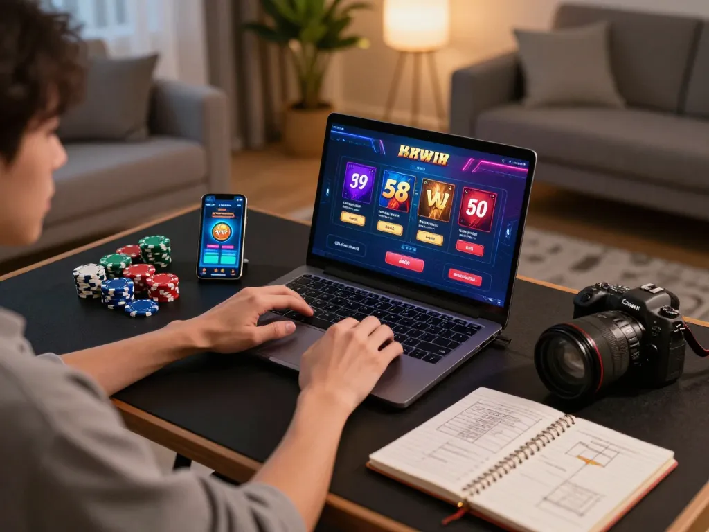Player enjoying 58win online casino gaming on a laptop with chips and strategies visible