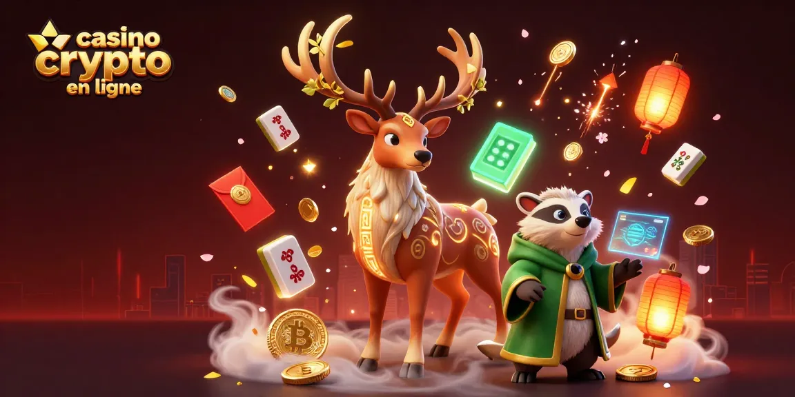 Découvrez le casino crypto en ligne avec des pièces de Bitcoin et Ethereum entourant des personnages caricaturaux.