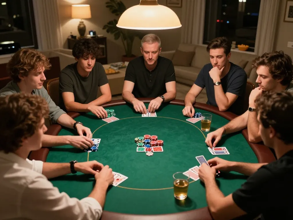 Players engaged at a home poker night, emphasizing the thrill of casino non aams legali gameplay with strategies unfolding around the table.
