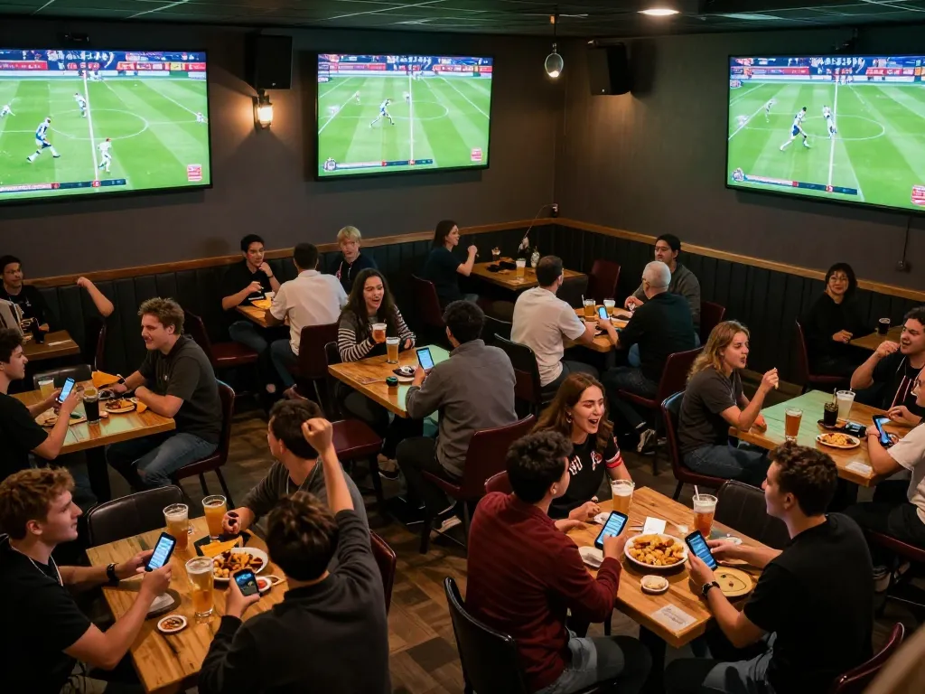 Engaging scene of Trực Tiếp Bóng Đá at a lively sports bar with fans cheering and using mobile apps