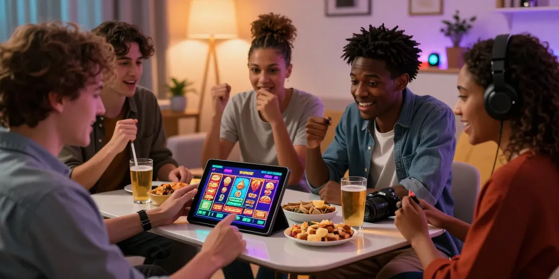 Excited friends enjoying slot deposit 5k gameplay on a tablet in a cozy living room.
