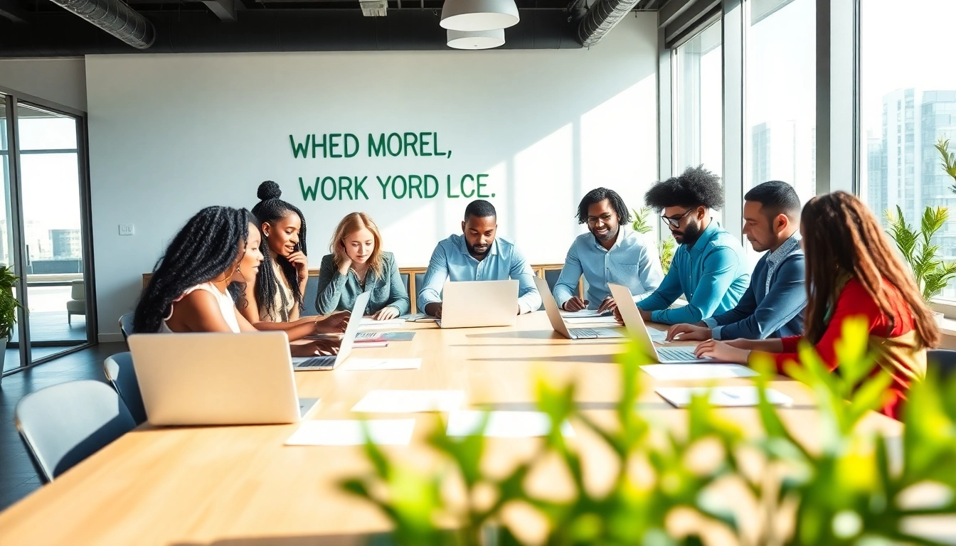 Dynamic professionals collaborating on workforce development strategies in an inviting workspace.