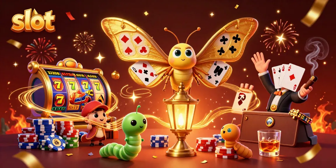 Spin the slot reels with the 3D cartoon moth and casino elements in a vibrant celebration scene.
