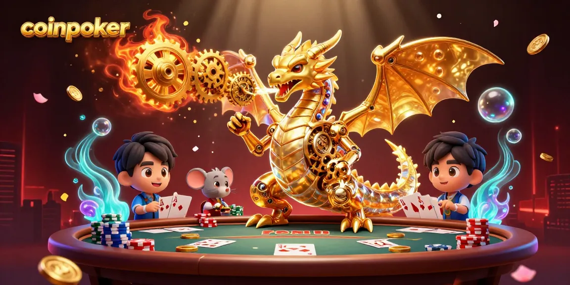 Jouer sur coinpoker avec un dragon doré mécatronique, des tables de poker et des jetons flottants autour.