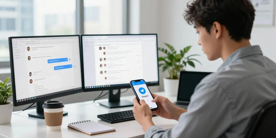 A young professional using telegram中文 on a smartphone in a modern office, showing a dynamic digital communication environment.