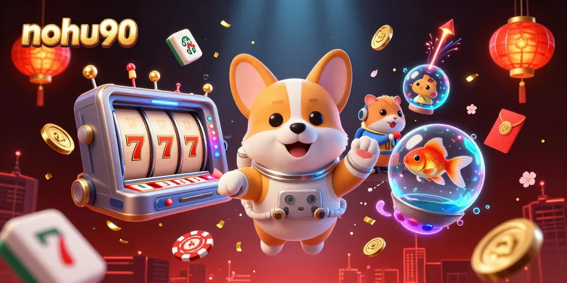 Nohu90 showcases an engaging casino-themed scene with floating characters and gambling elements.