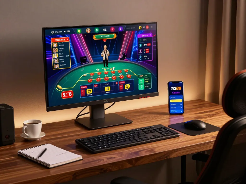 TG88 Casino app displayed on a live dealer game monitor during an online gaming session.