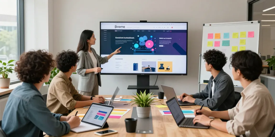 Diverse team collaborating on web design services in a modern office environment with digital mockups and brainstorming materials.