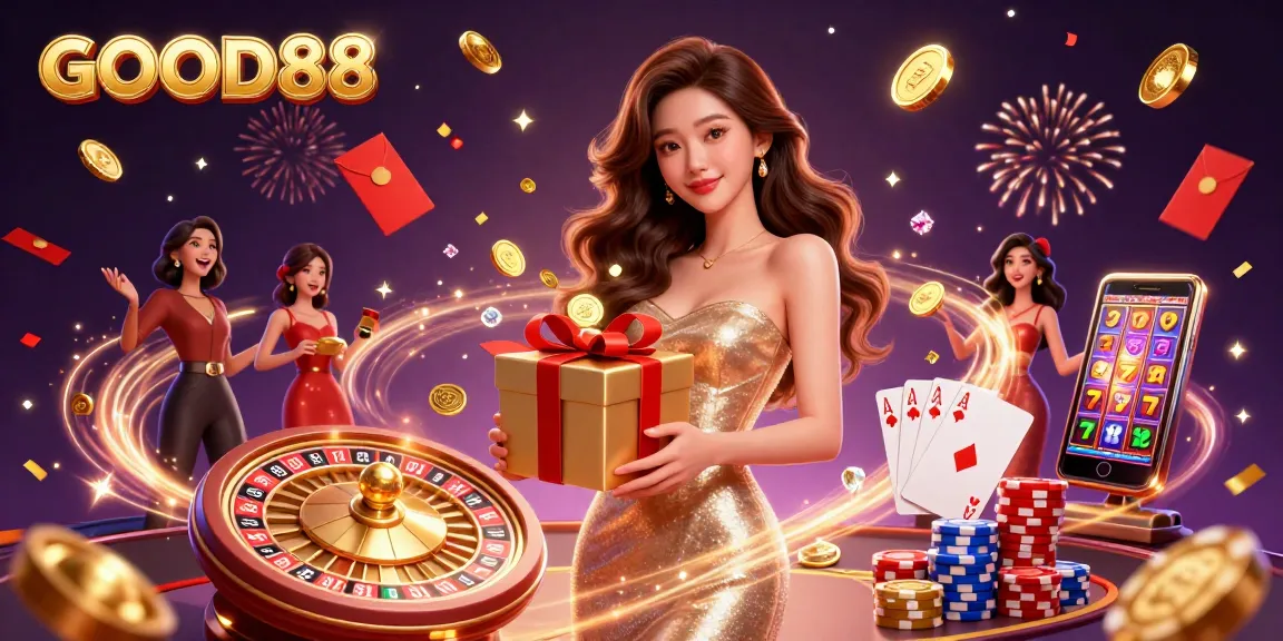 Celebrate wins at GOOD88 with vibrant casino-themed 3D illustration featuring festive elements.