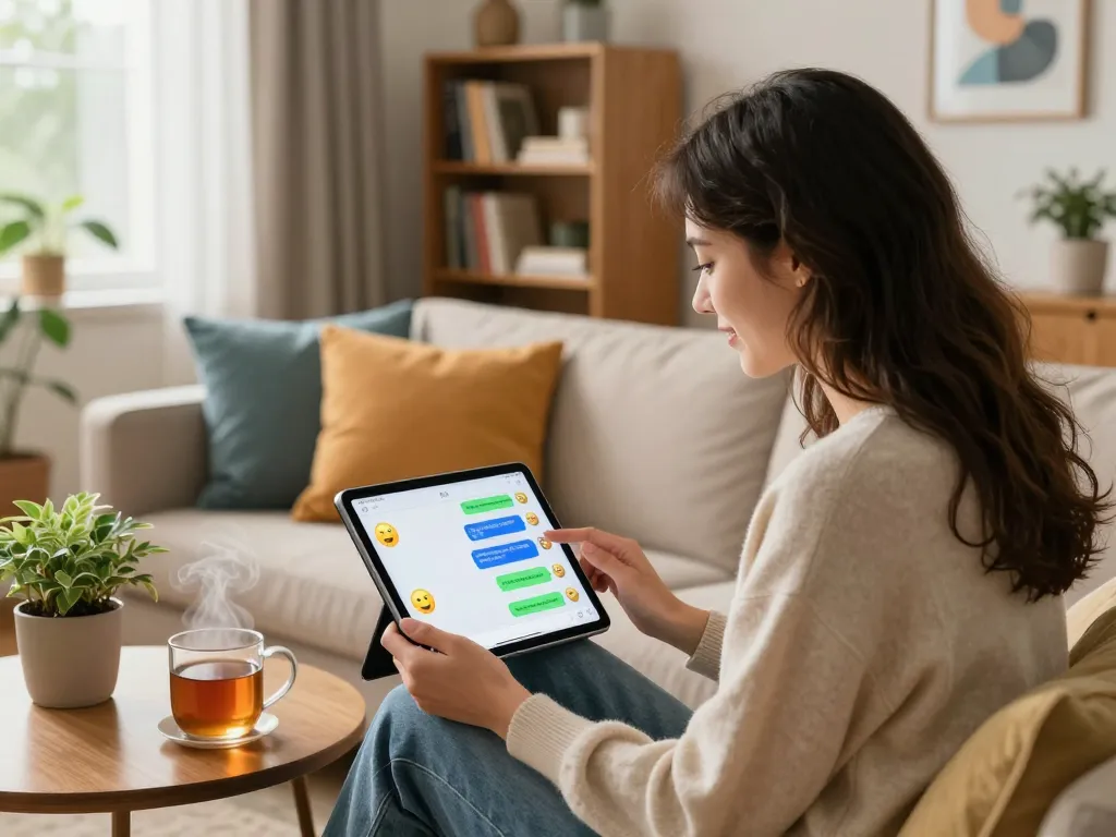Young woman chatting with her AI girlfriend on a tablet in a cozy living room, digital companionship.