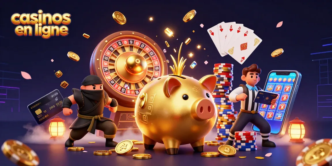 Gagnez aux casinos en ligne avec une illustration de tirelire, ninja et samouraï en action