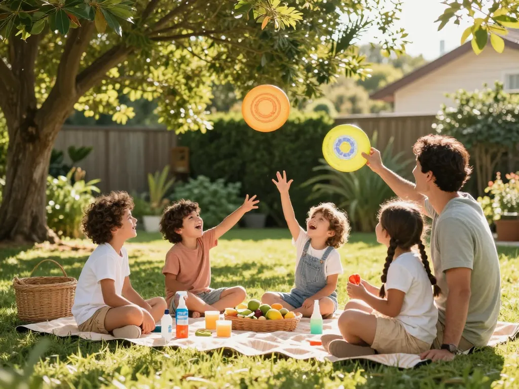 Family enjoying a picnic with mosquito repellent spray and citronella candles to stay protected from bites.