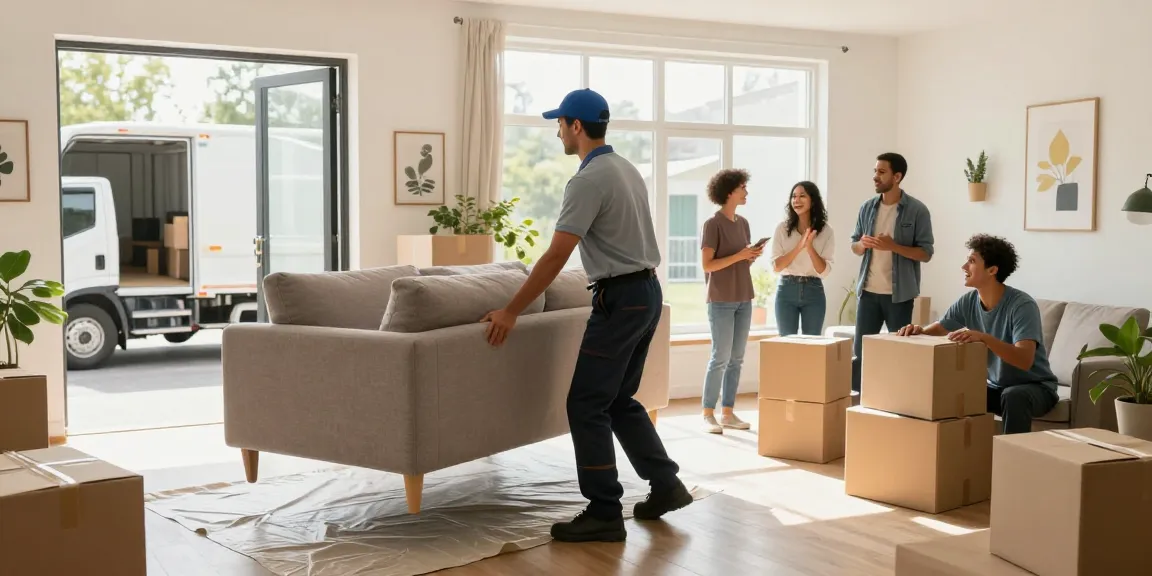 Professional movers demonstrating wellen moving services in a bright living room, ensuring a smooth and careful move.
