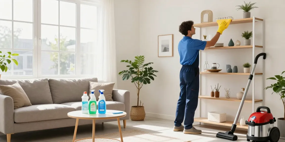 Professional cleaning near me with a cleaner tidying a bright living room space using eco-friendly products.