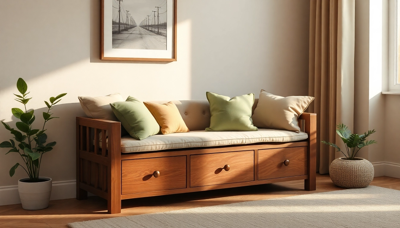 Cozy storage bench with plush cushions in a beautifully lit living room setting.