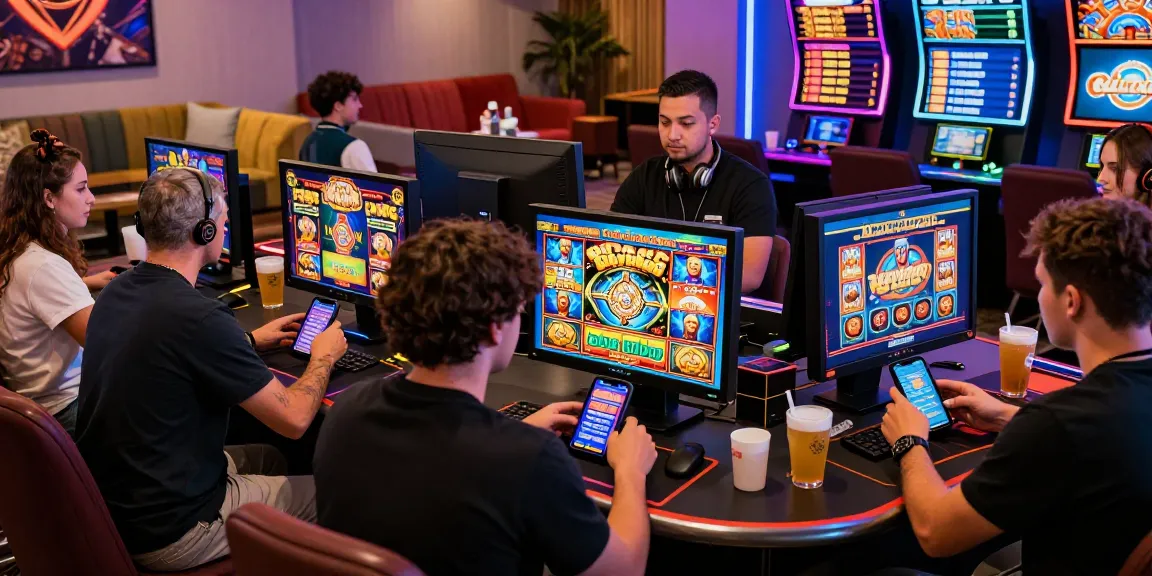 Players immersed in online mastercard casinos, exploring popular slot games in a vibrant gaming environment.