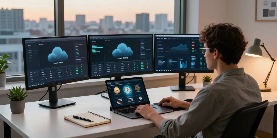 cloud mining provider monitoring cryptocurrency performance in a modern office with multiple screens and security tools