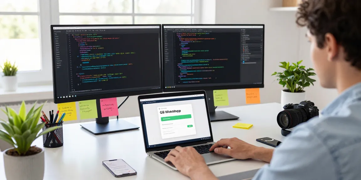 Engaged user showcasing gb whatsapp on dual monitors in a modern tech workspace, promoting enhanced messaging features.