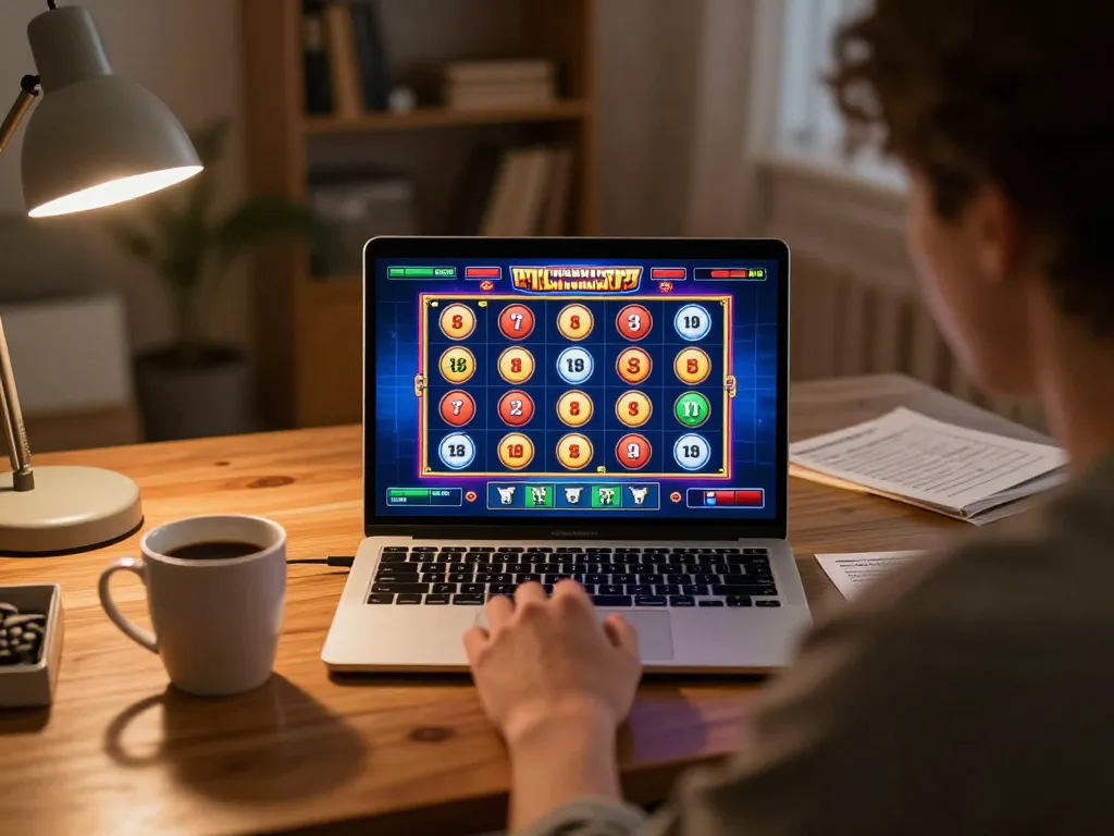 Player enjoying an engaging slot thailand online gaming experience at home with laptop and notes.